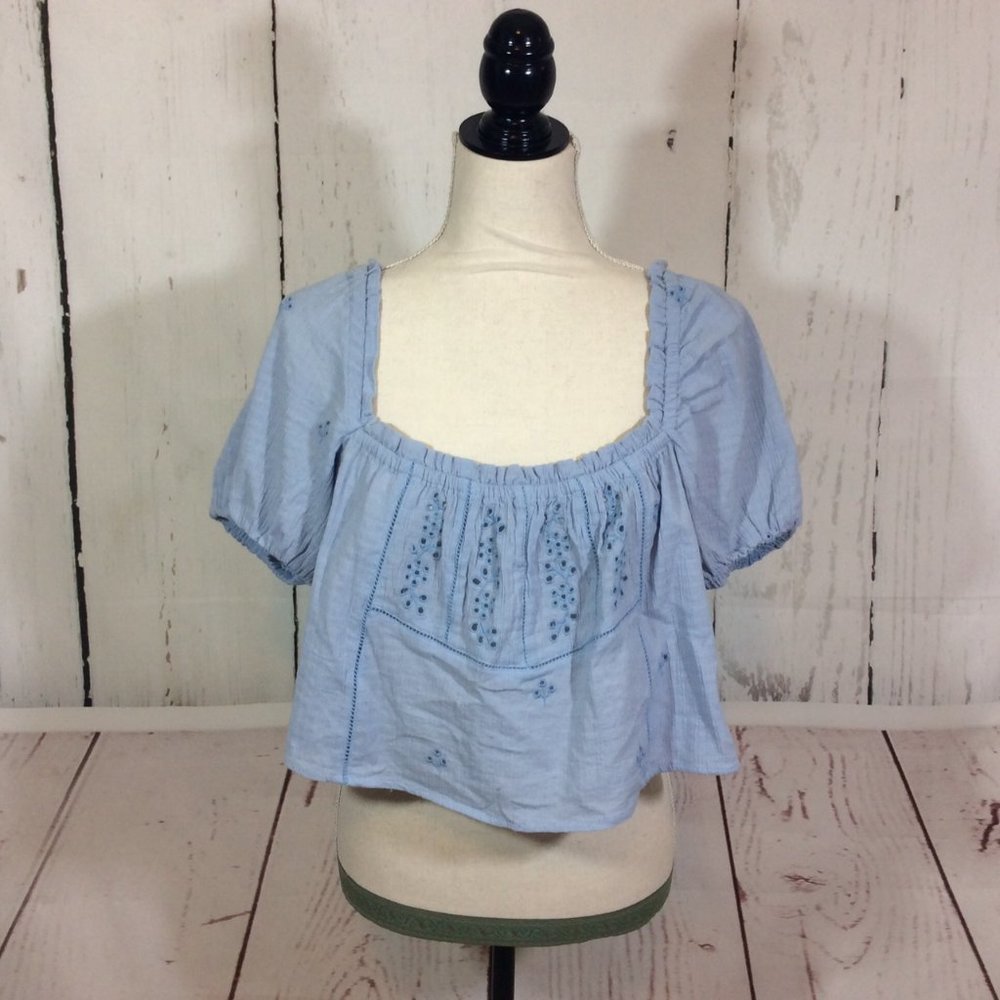 ZARA Blue Eyelet Cropped Top Size Medium Short Peasant Crop Top Boho